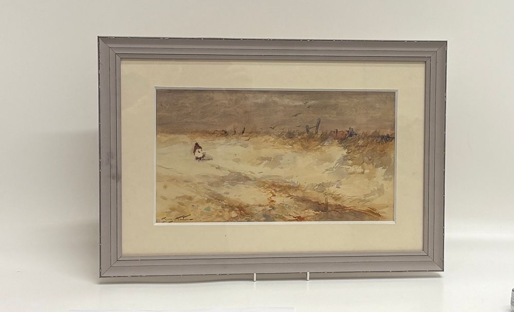 Lot 144: George Horton, Seated figure in coastal sand dunes, watercolour