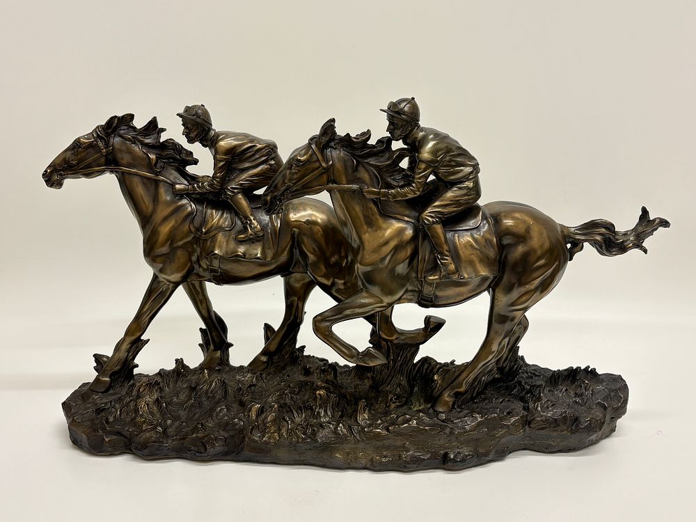 Lot 264: Large Faurestware, A Bronzed Composite Sculpture of Two Jockeys on Horseback 53x32cm