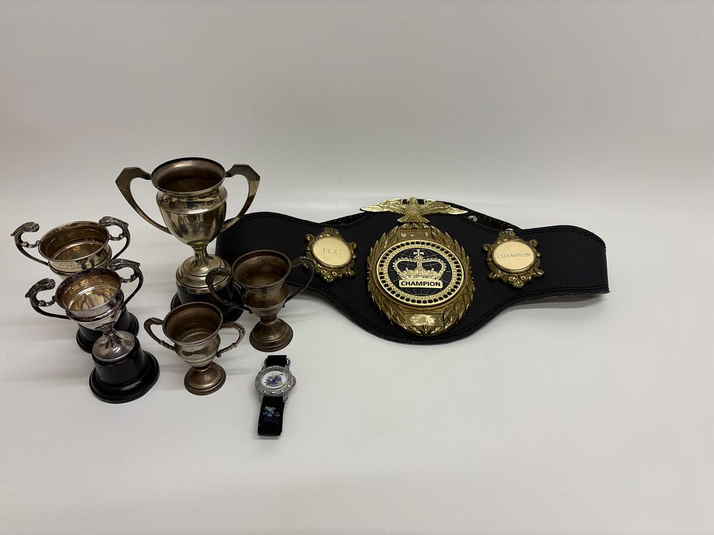 Lot 204: An FCC Championship Belt, a Collection of Silver-Plated Trophies, and a Newcastle Riverkings Wristwatch