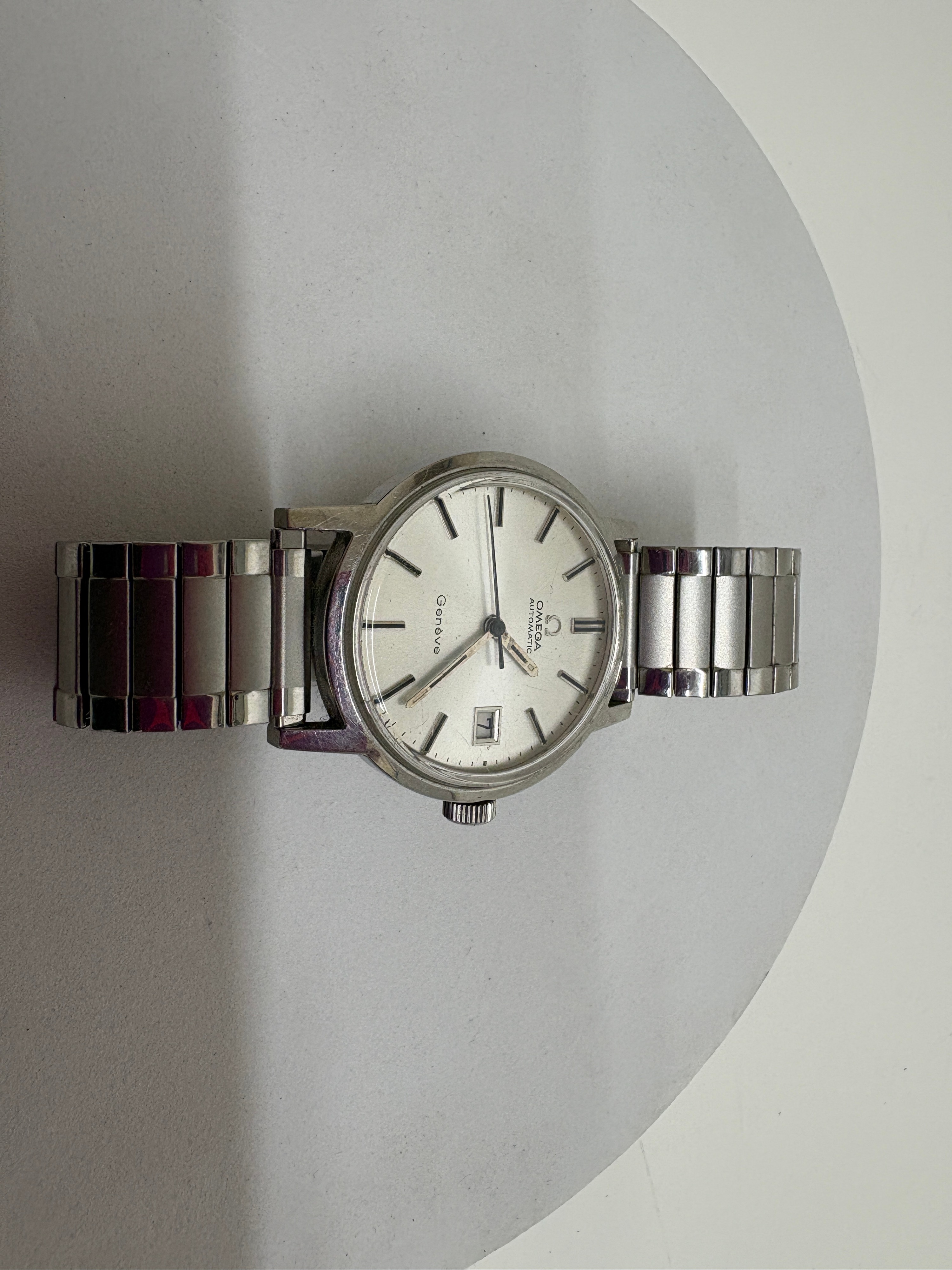 An Omega Geneve Automatic stainless steel wristwatch with 1972 long-service presentation engraving