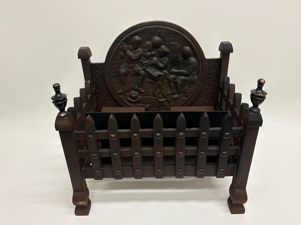 Lot 164: Gothic Style Cast Iron Free Standing Fire Basket with Relief Backplate