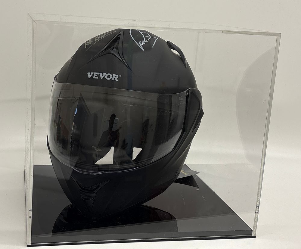Lot 243: A VEVOR Signed Full-Face Motorcycle Helmet Triple Autographed by Lewis Hamilton, George Russell and Lando Norris