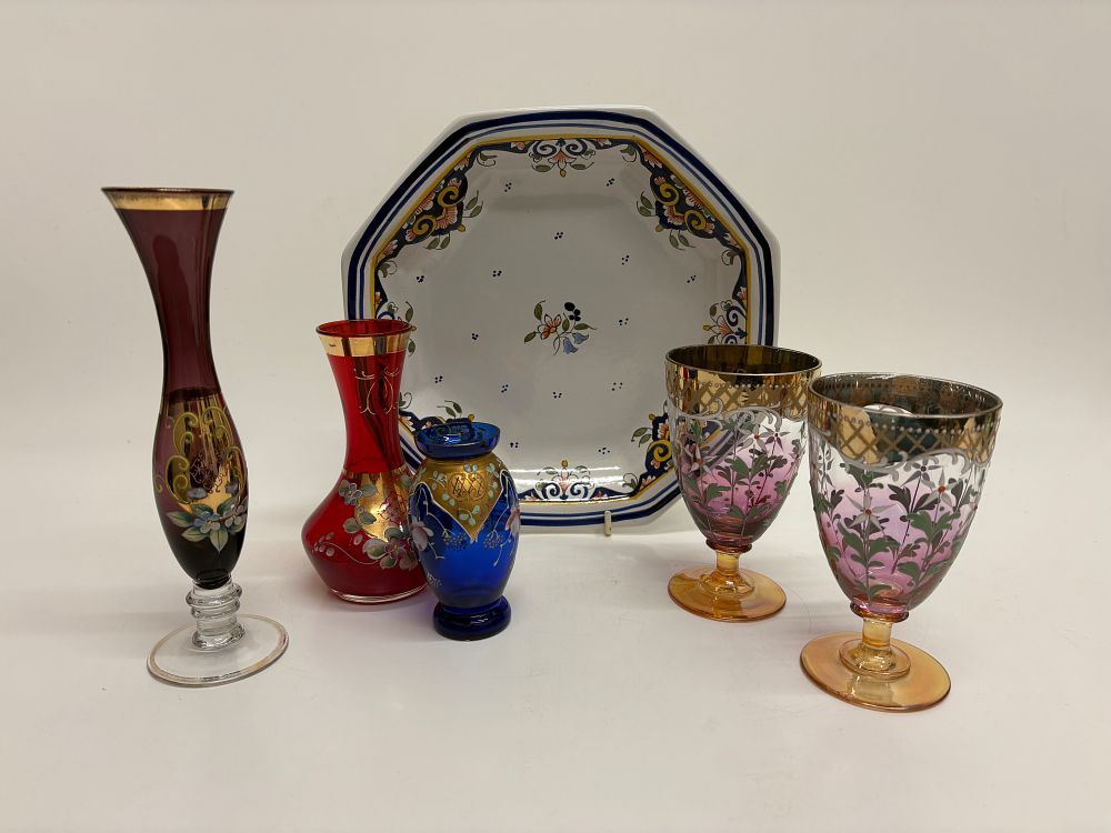 Lot 360: A Collection of Enamelled Bohemian Glassware and a Hand Painted French Ceramic Plate