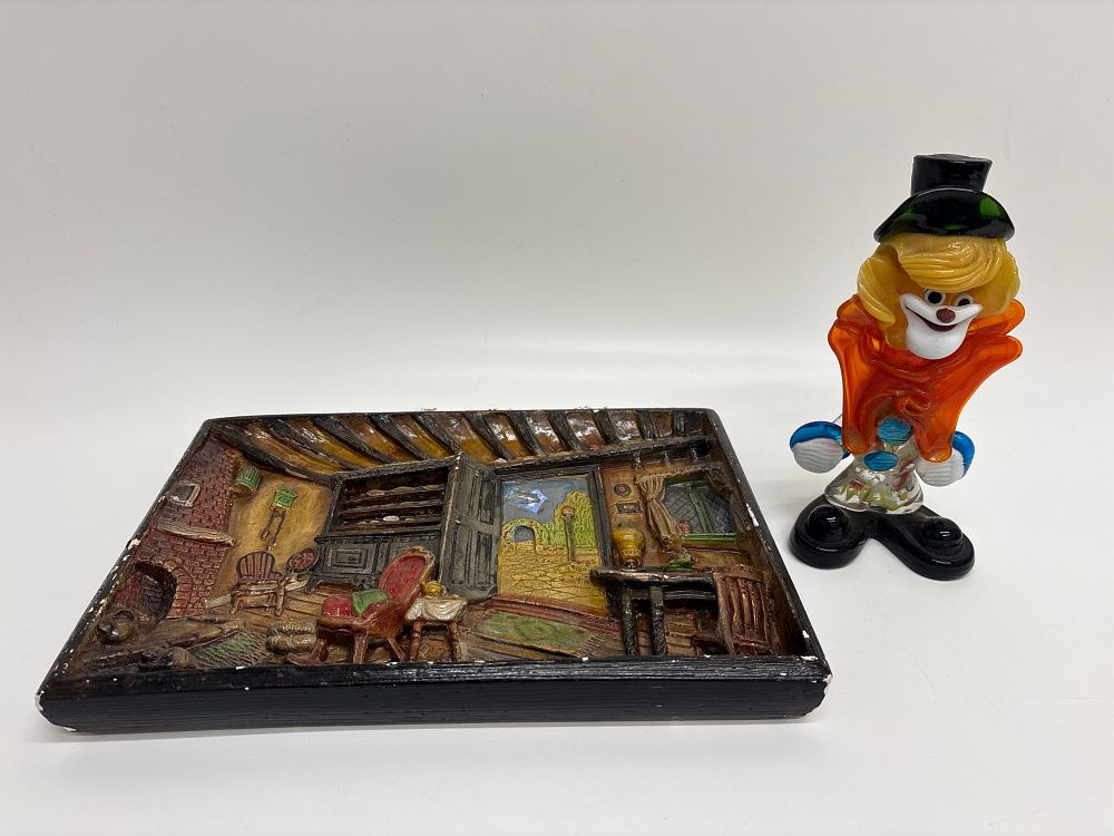 Lot 384: Two decorative items comprising a 3D relief plaque and an art glass clown figurine