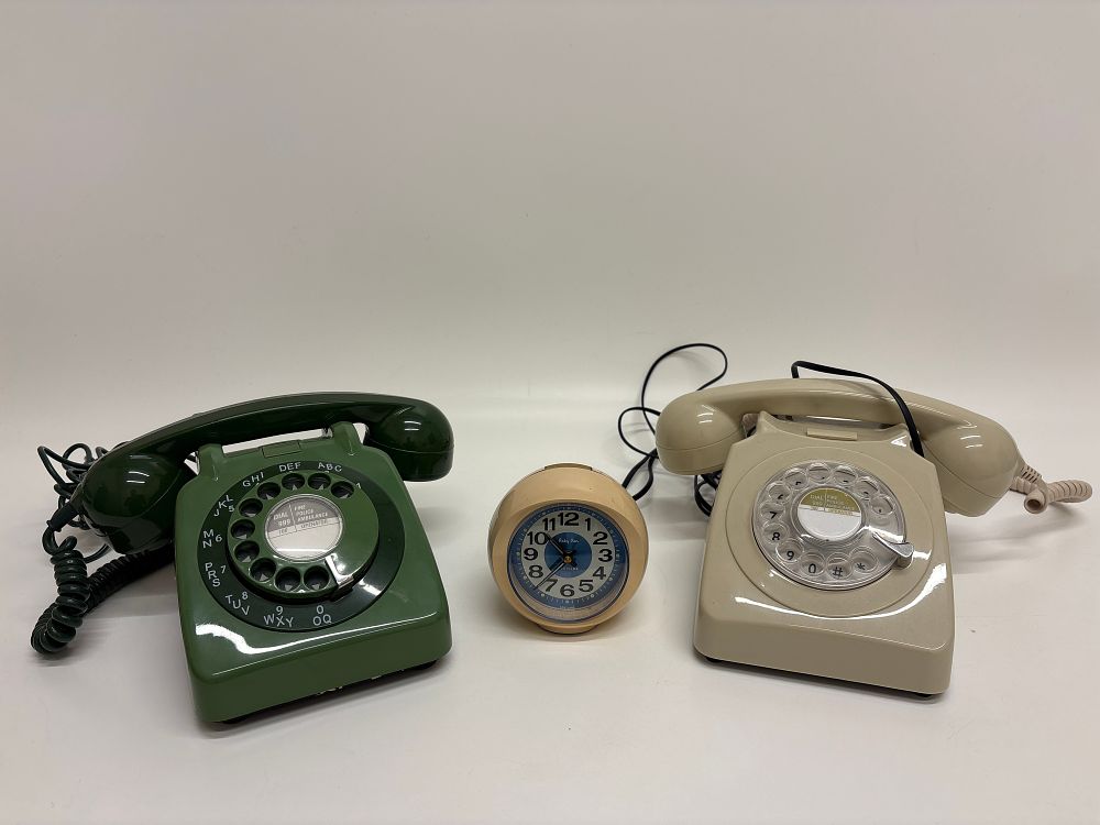 Lot 385: A Trio of Vintage British Telephones and Baby Ben Alarm Clock
