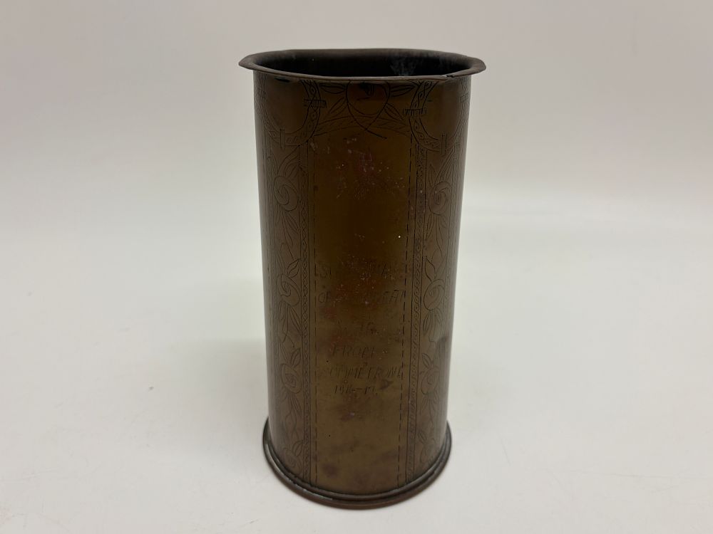 Lot 212: A First World War British 18-Pounder Trench Art Vase Hand-Inscribed by a German Prisoner of War