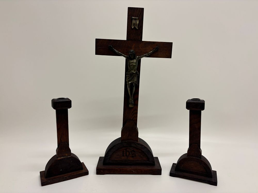 Lot 478: A Set of Oak and Metal Gothic Revival Altar Furnishings Comprising a Crucifix and a Pair of Candle Holders 51cm height
