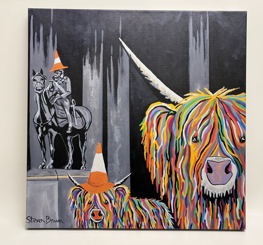 Lot 121: Steven Brown, Geordie McCoo & The Wee Yin, acrylic on canvas 76x76cm and three limited edition unframed prints
