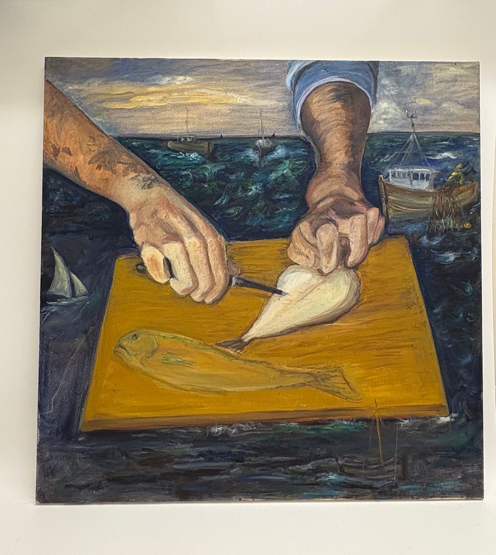 Lot 123: Three large expressionist oil paintings on board depicting maritime and fishing industry scenes