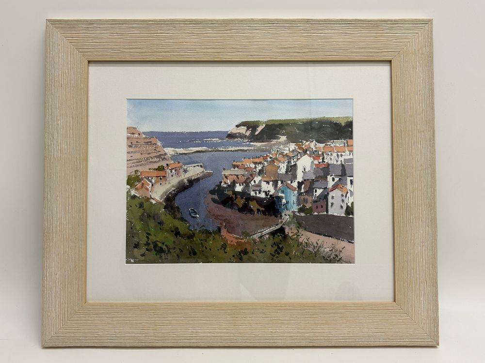 Lot 125: Ken Hayer, Coastal Village Harbour Scene, Watercolour on Paper 88x67cm