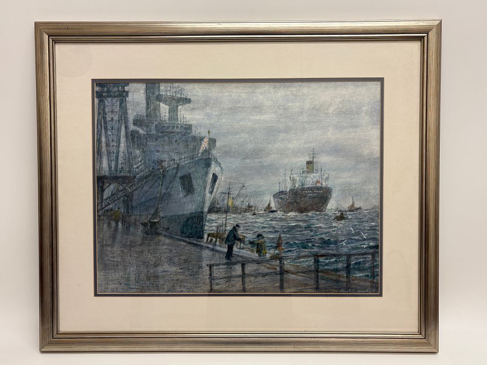 Lot 145: Albert H. Herbert maritime harbour scene watercolour and gouache