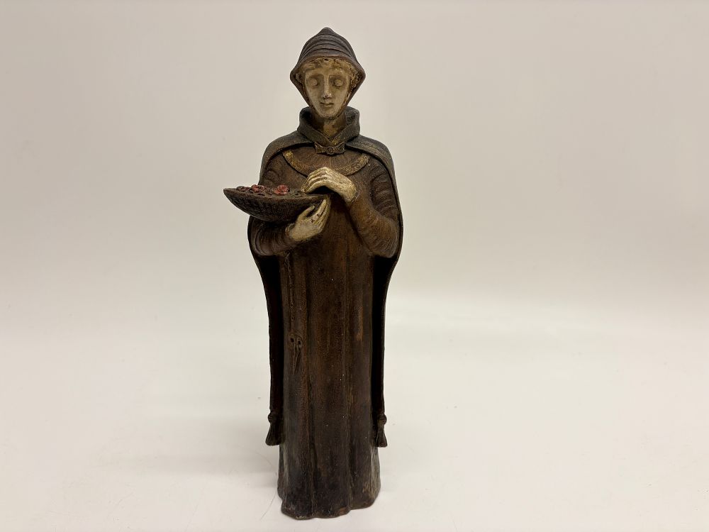 Lot 170: Arts and Crafts Style Figural Sculpture of a Cowled Figure with Offering Bowl 27cm tall