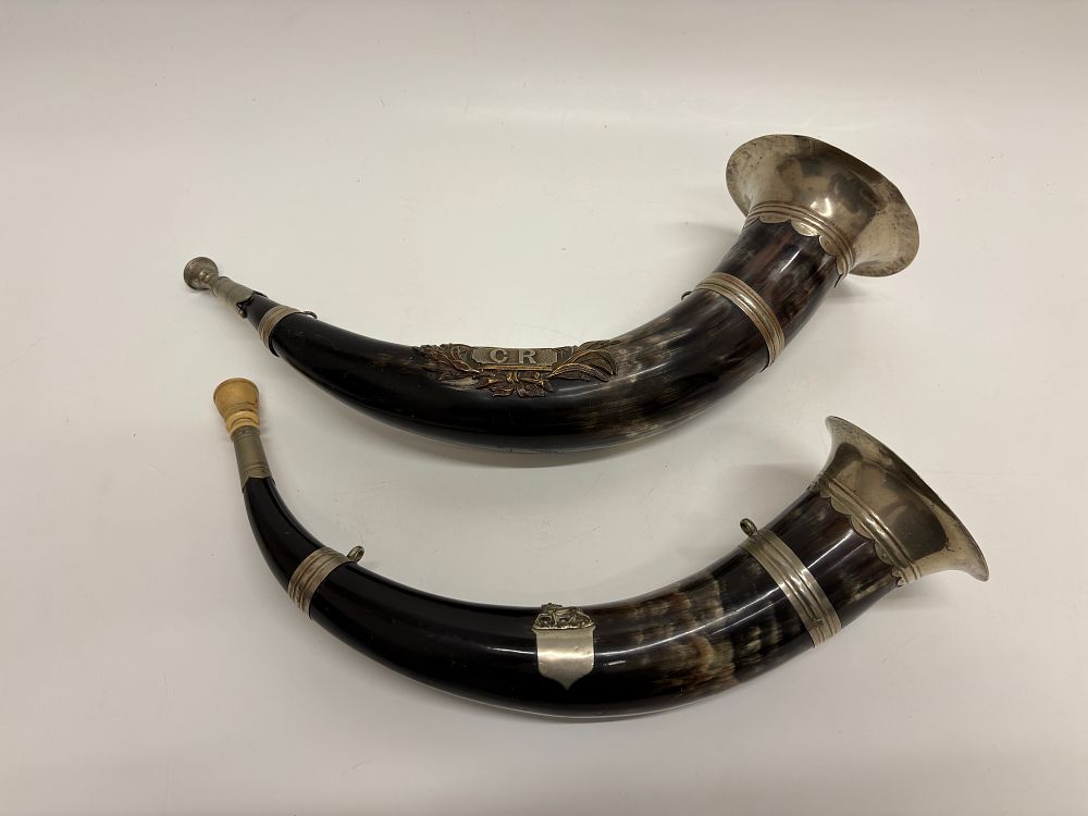 Lot 175: A Pair of Antique White Metal Mounted Hunting Horns