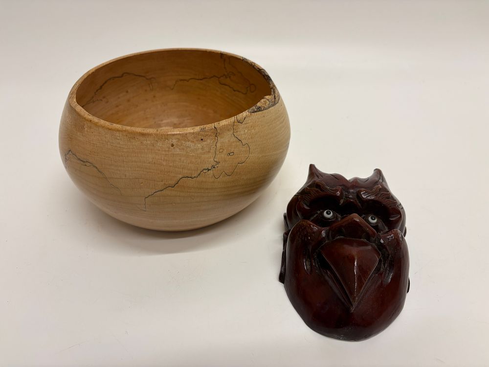 Lot 215: Two Turned and Carved Wooden Items Including Spalted Wood Bowl and Mask
