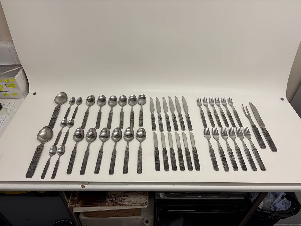 Lot 224: A service of Norwegian cast pewter and stainless steel flatware in the Heilag Olav pattern