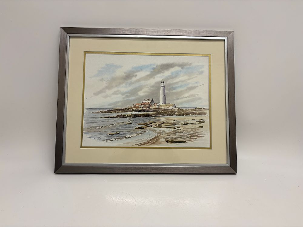Lot 488: R. W. Thornton Signed Watercolour of St Mary's Lighthouse Whitley Bay 55x45cm