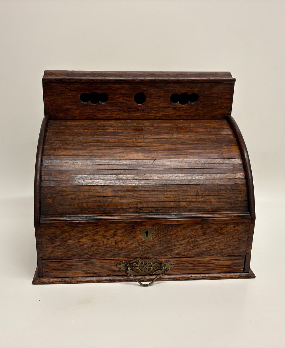 Lot 393: Victorian Oak Roll Top Stationery Cabinet