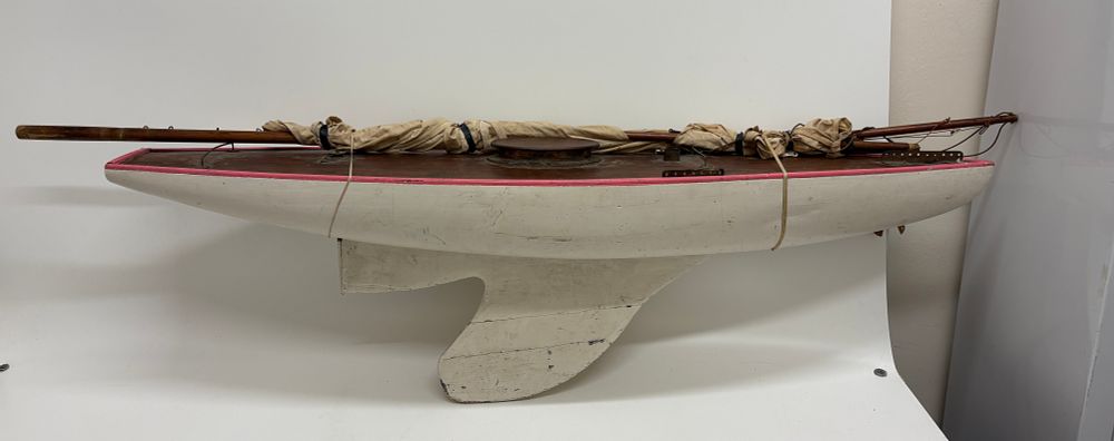 Lot 397: Large Vintage Carved Wood Pond Yacht 105cm long