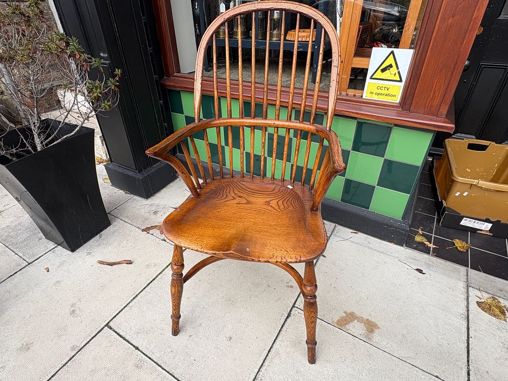Lot 403: Antique English High Back Windsor Armchair with Crinoline Stretcher