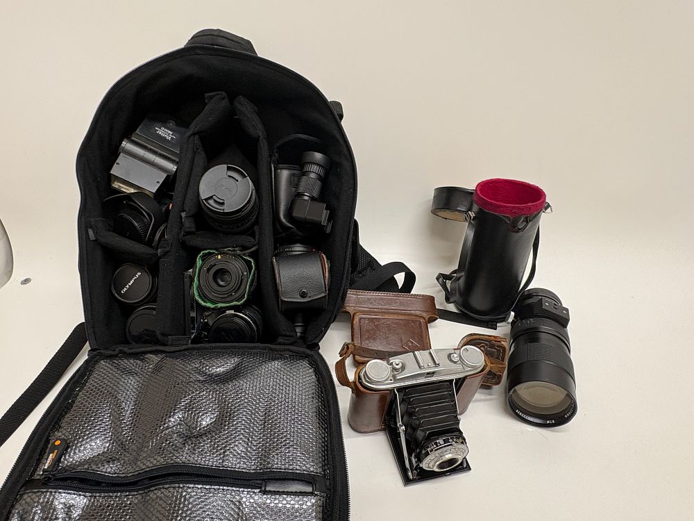 Lot 515: A Collection of Vintage and Modern Photography Equipment Including Folding Bellows Camera and Lenses