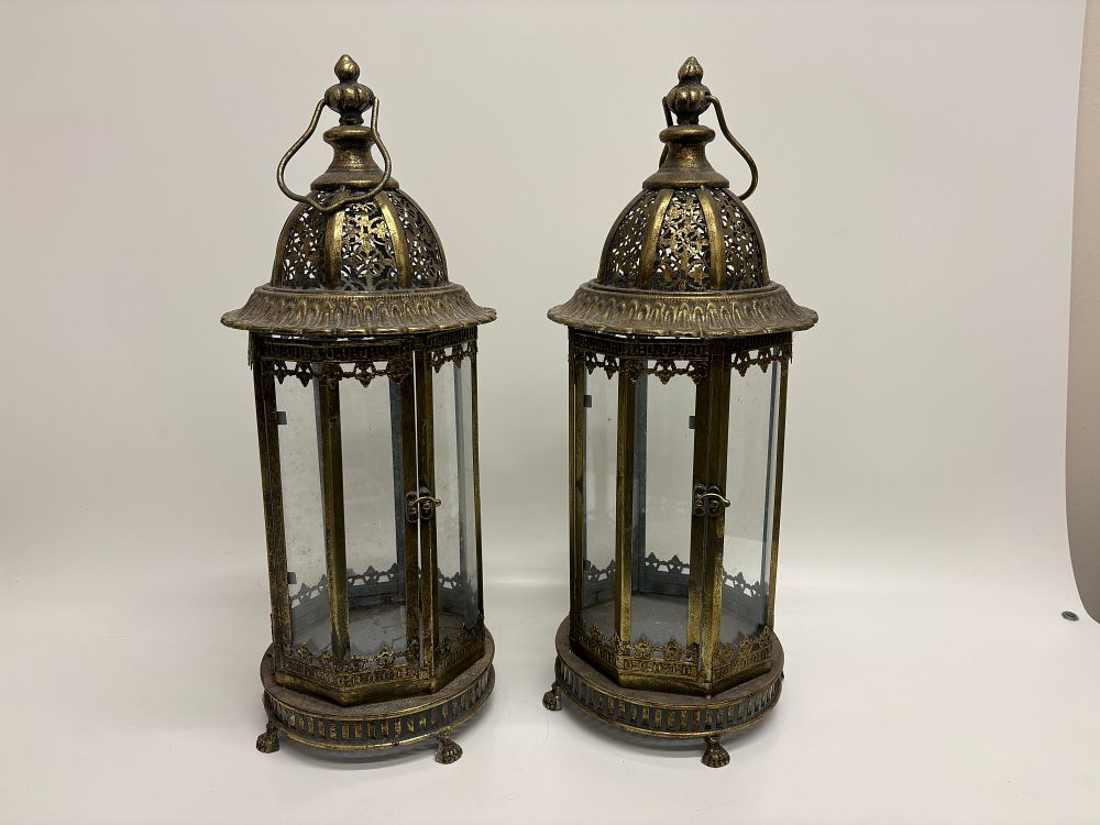 Lot 412: A Pair of Large Moroccan or Indian Style Distressed Gilt Metal and Glass Candle Lanterns