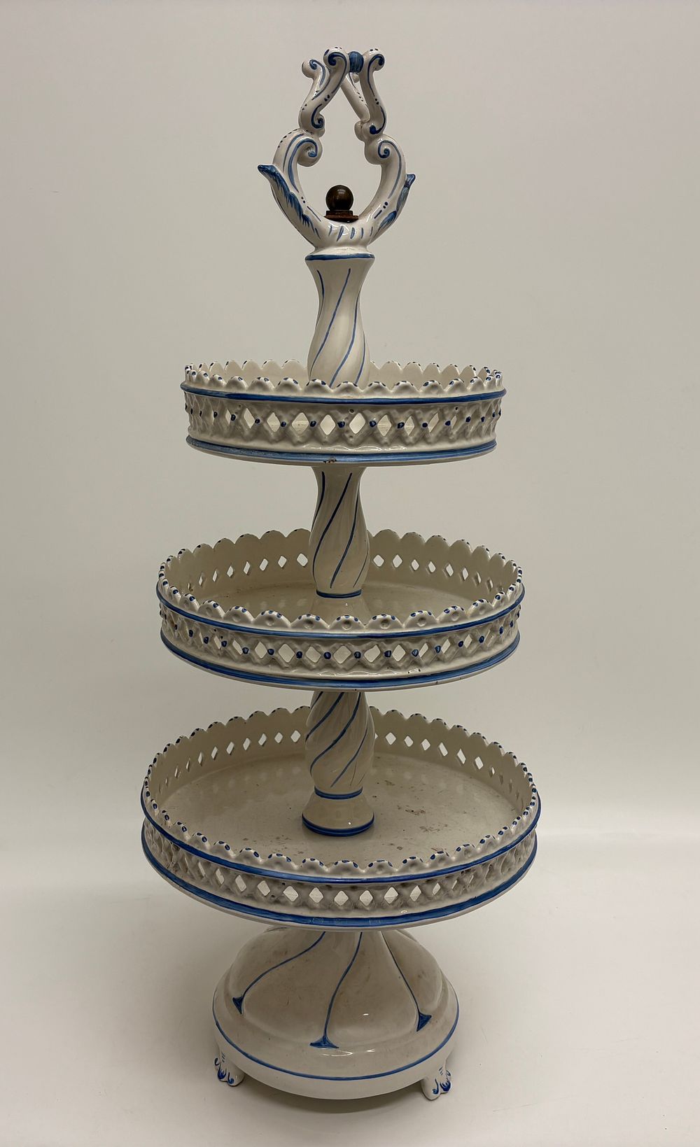 Lot 413: Three-tier blue and white tin-glazed earthenware dessert stand