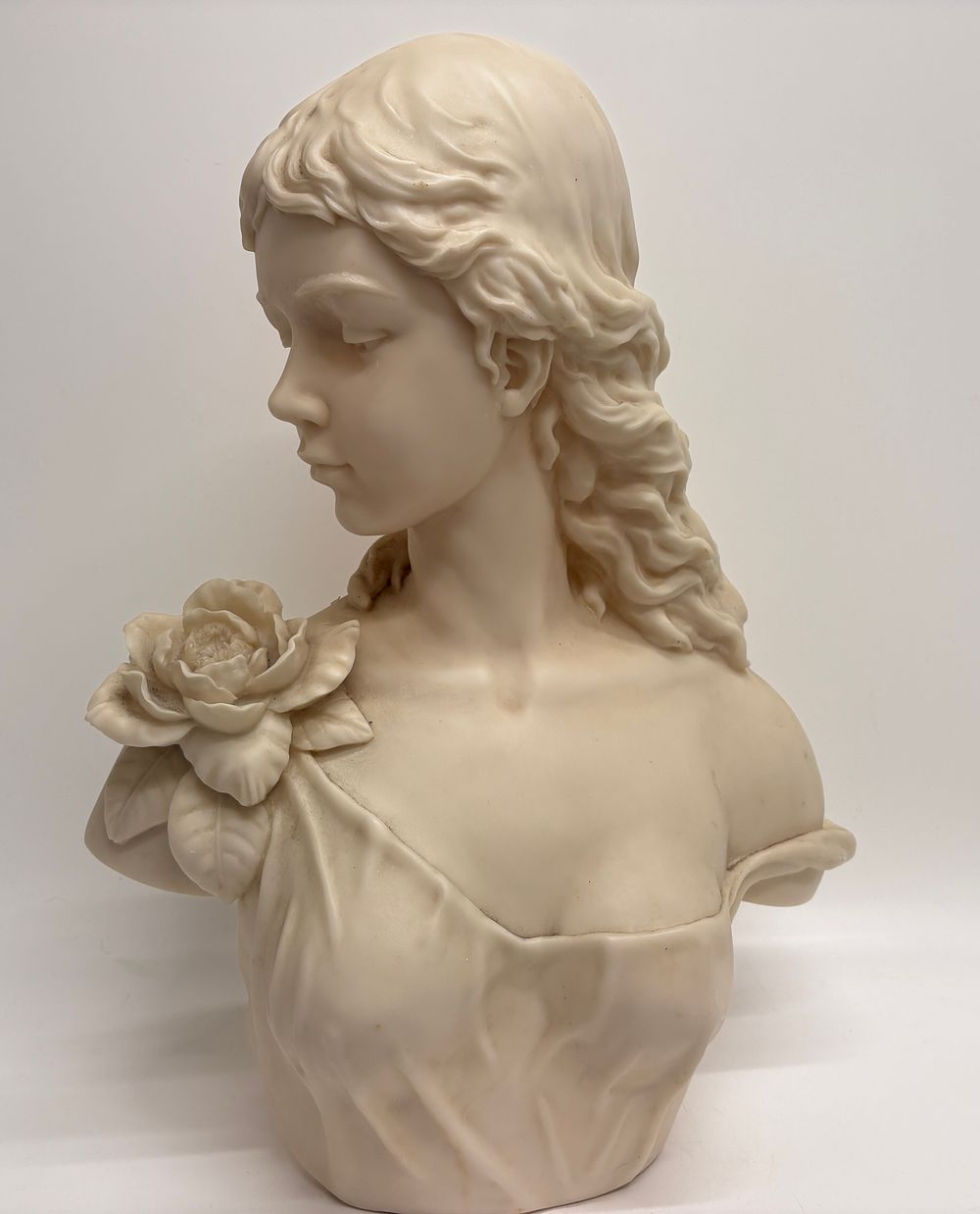 Lot 415: large Romantic Style Bonded Bust of a Young Woman with a Rose 60cm tall