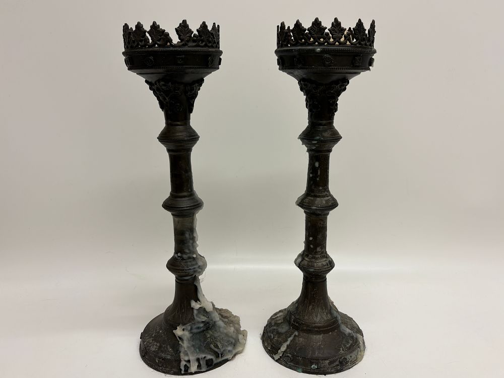 Lot 418: A Pair of Gothic Revival Dark Patinated Metal Altar Candlesticks 45cm