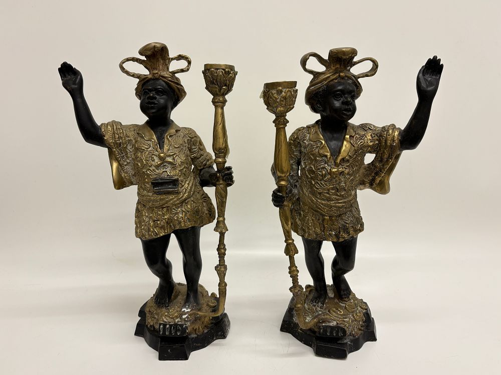 Lot 419: A Pair of Cold Painted and Gilded Cast Metal Attributed to Blackmoor Figural Candlesticks 41cm