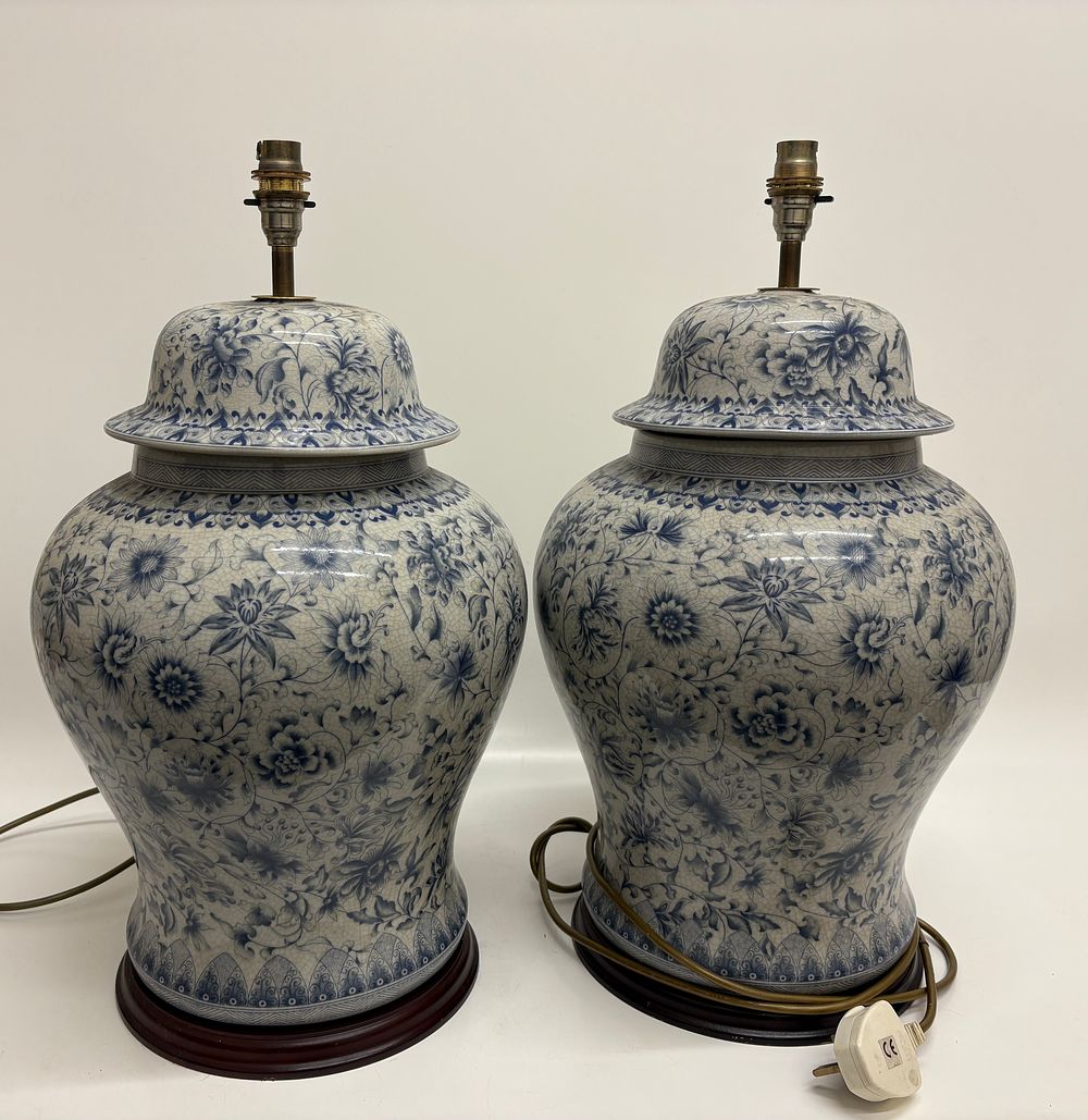 Lot 420: A Pair of Chinese Style Blue and White Porcelain Ginger Jar Table Lamps 52cm