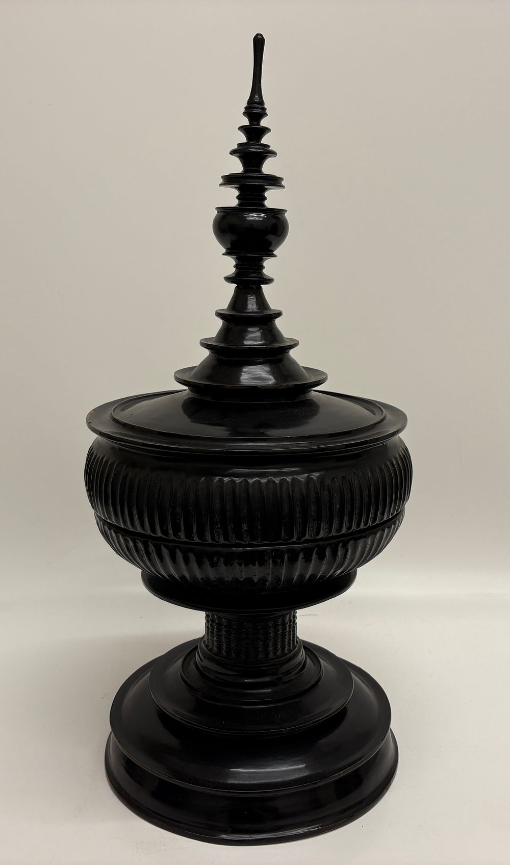 Lot 426: Large Black Lacquer Footed Offering Vessel with Tiered Finial Lid 58cm tall
