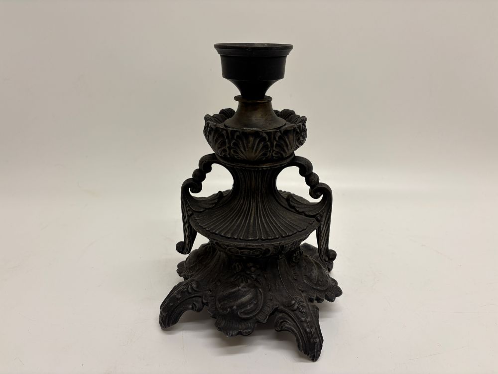 Lot 430: Victorian Style Cast Metal Candlestick with Scrolled Handles 24cm