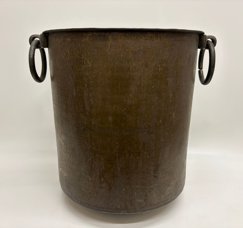 Lot 433: A Large Antique Hand Hammered Tinned Copper Water Vessel with Iron Hardware 46x48cm