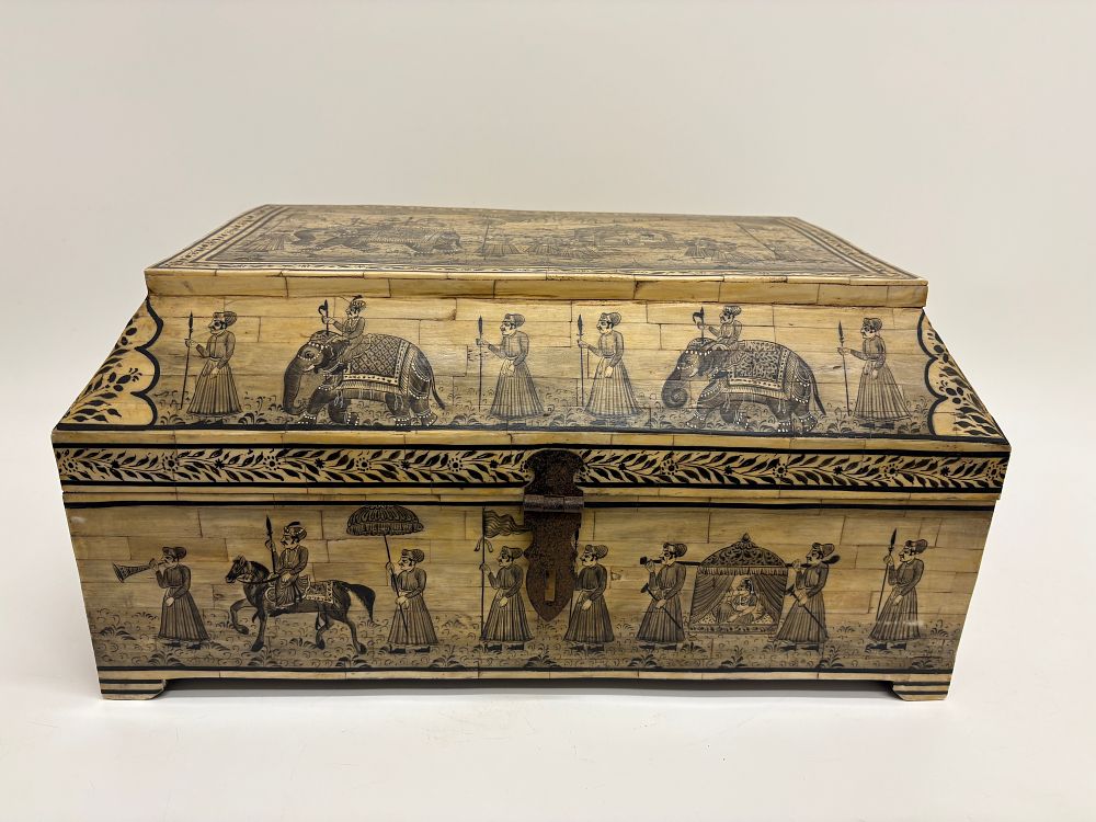 Lot 434: A Mughal-style bone-inlaid wooden procession box, Northern India, late 19th/early 20th century 43x23x28cm