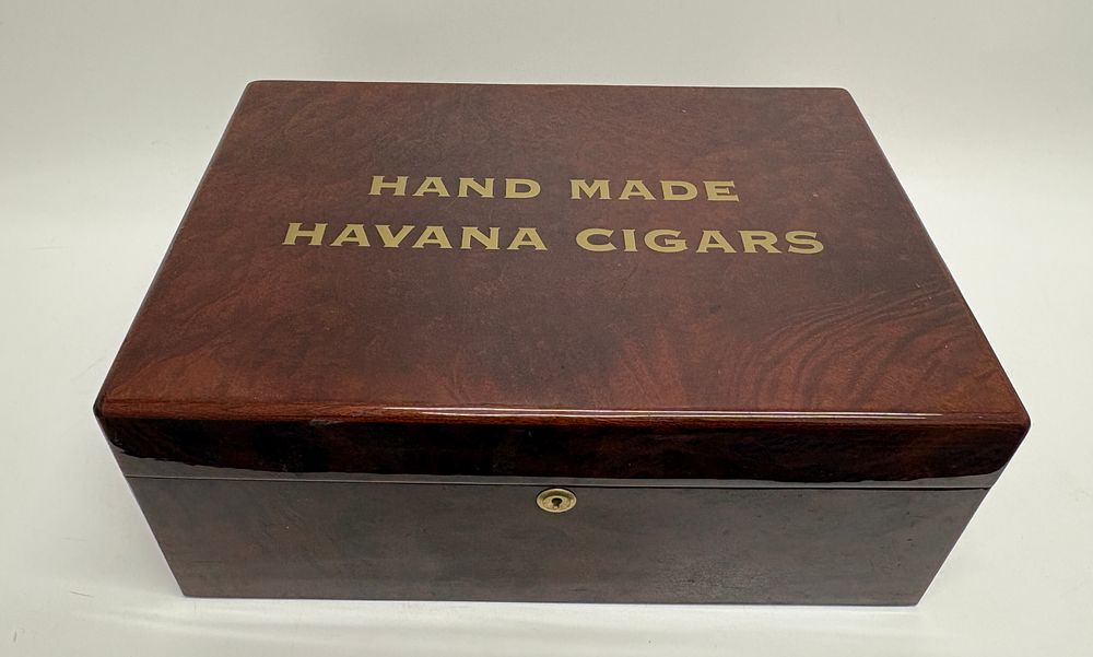 Lot 438: Polished Burl Wood Veneered Cigar Humidor with Spanish Cedar Lining