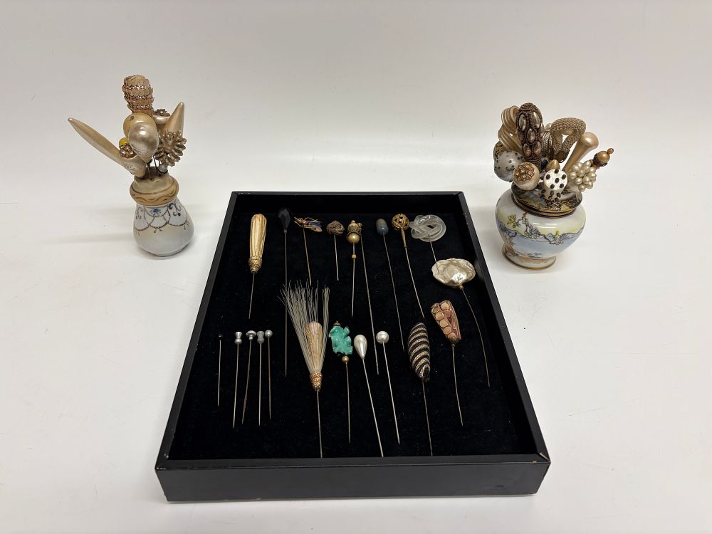 Lot 441: A Collection of Antique and Vintage Hat Pins and Two Porcelain Hat Pin Holders