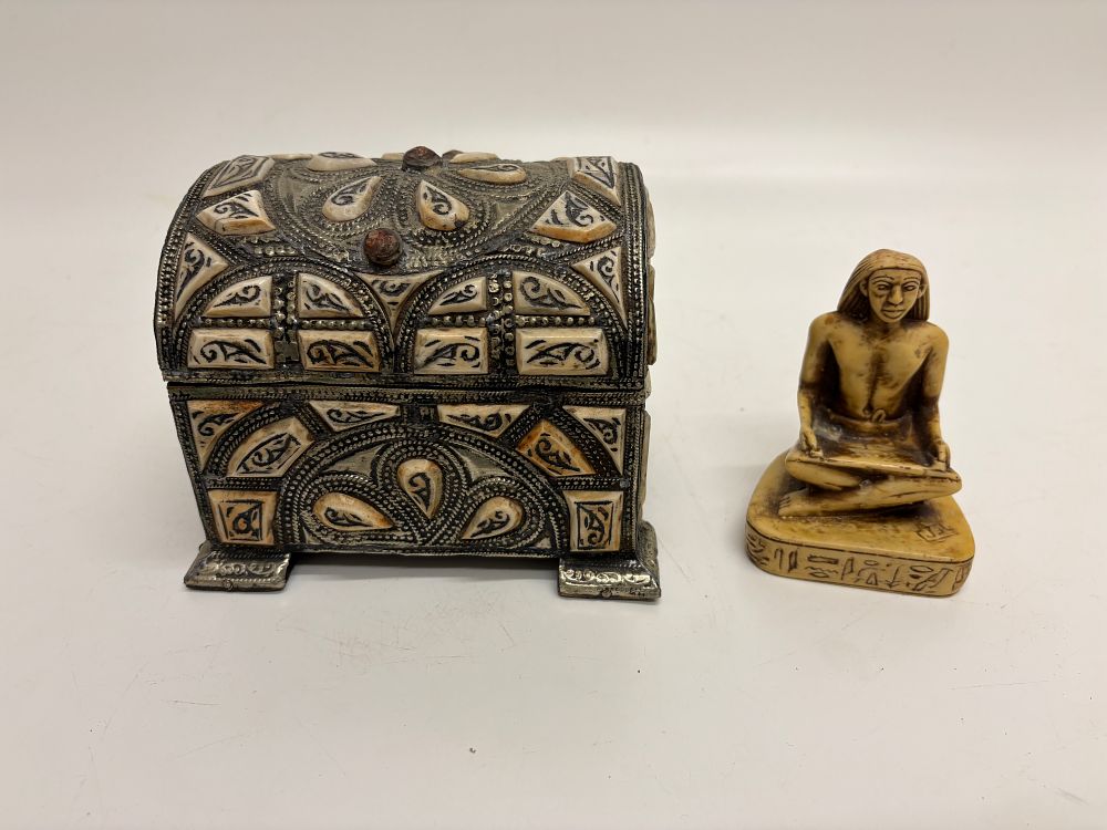 Lot 522: A Moroccan Mixed Media Casket and an Egyptian Style Figurine
