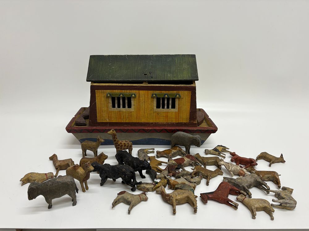 Lot 559: Folkart Assortment of Hand Painted Wooden Noahs Ark Figures and Ark