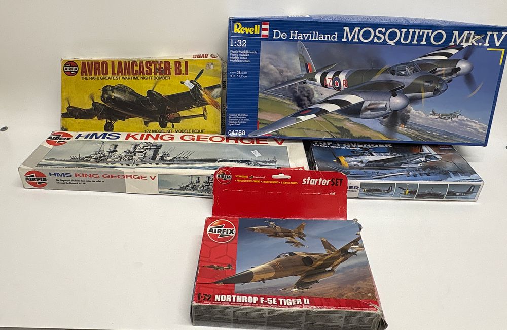 Lot 562: A Group of Five Military Aircraft and Warship Plastic Model Kits by Airfix, Revell and Academy