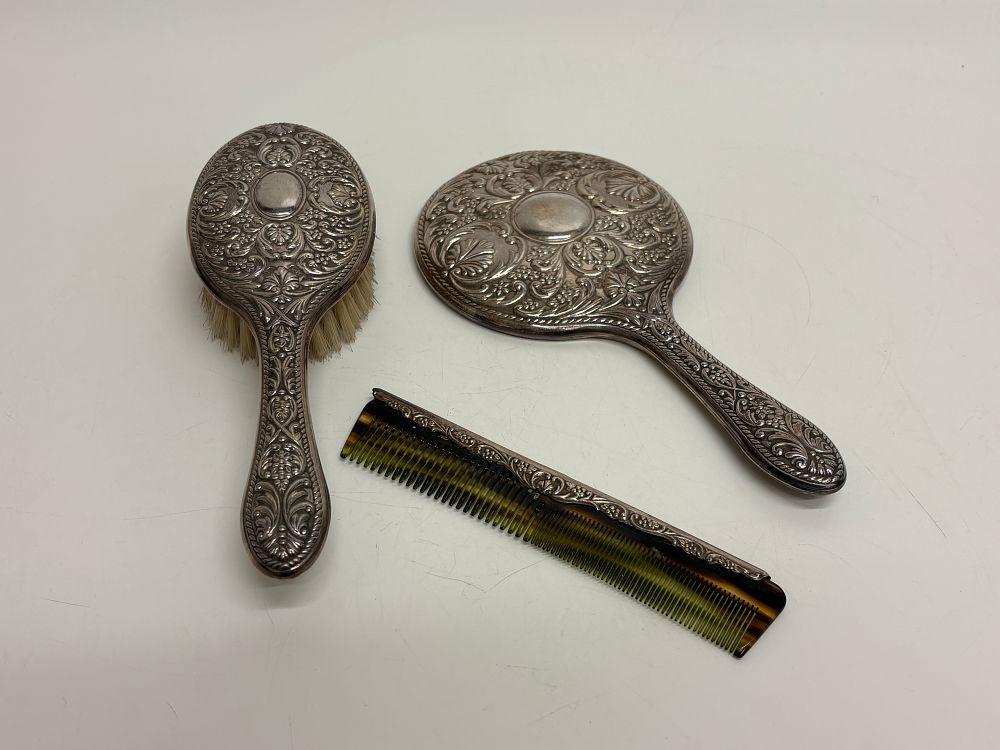Lot 72: A Three Piece Sterling Silver Mounted Dressing Table Set circa 150g net