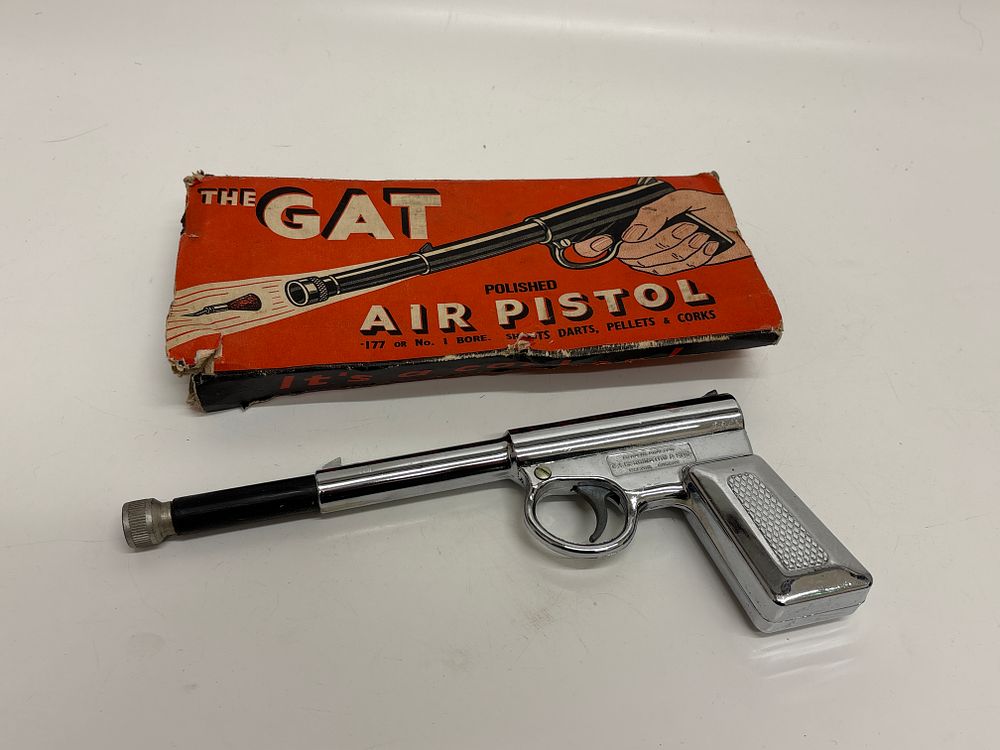 Lot 655: Boxed T. J. Harrington and Son The Gat Polished Air Pistol