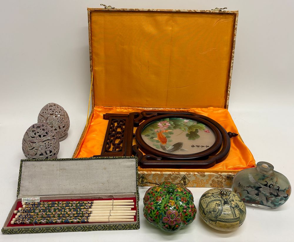 Lot 194: A Collection of Asian and Middle Eastern Decorative Objects Including Silk Embroidery and Cloisonne Enamel Chopsticks