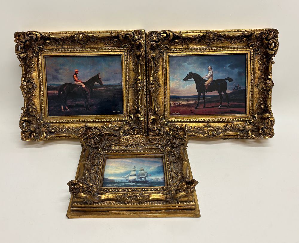 Lot 638: A Trio of Gilt Framed Miniature Oil Paintings Including Equestrian and Marine Scenes