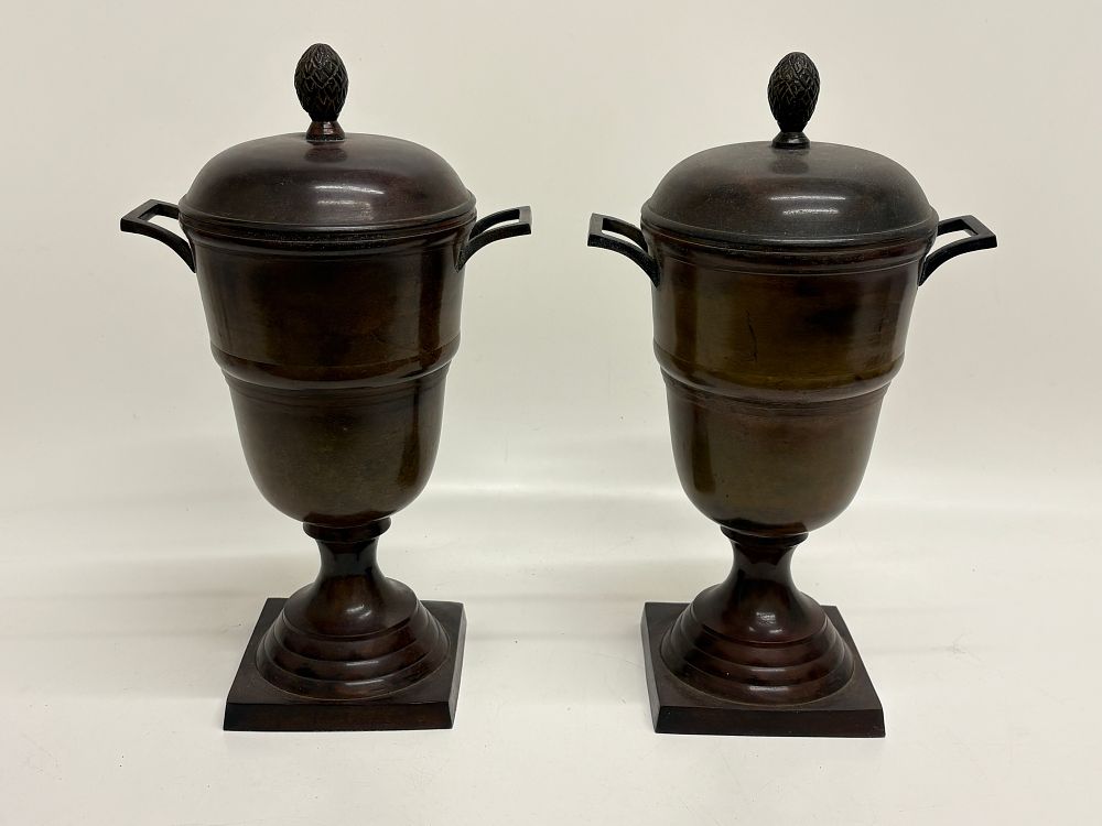 Lot 684: A Pair of George III Style Patinated Bronze Urns and Covers