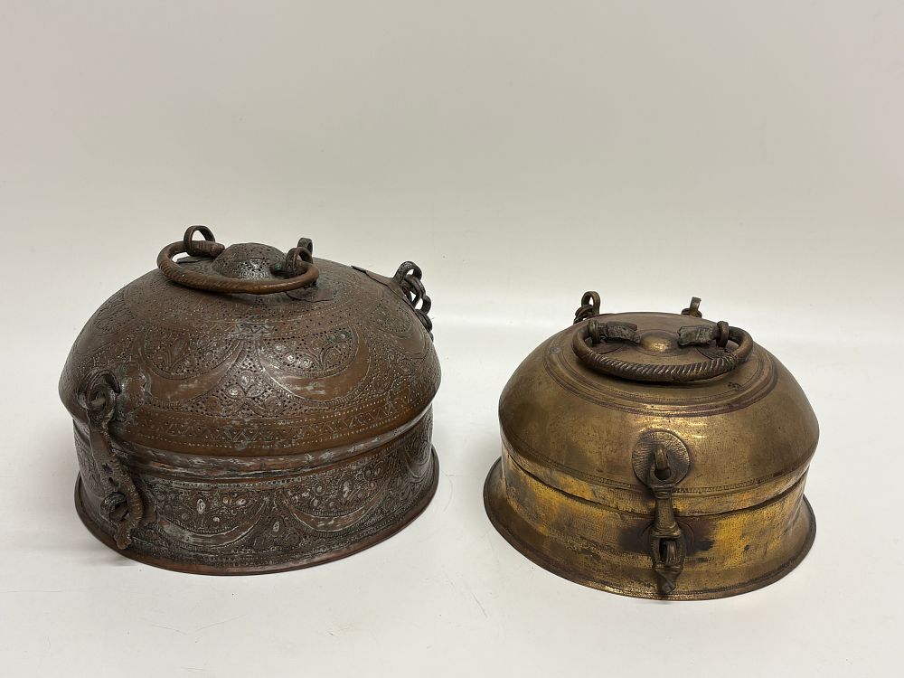 Lot 685: Two Indian Copper and Brass Lidded Betel Paan Boxes