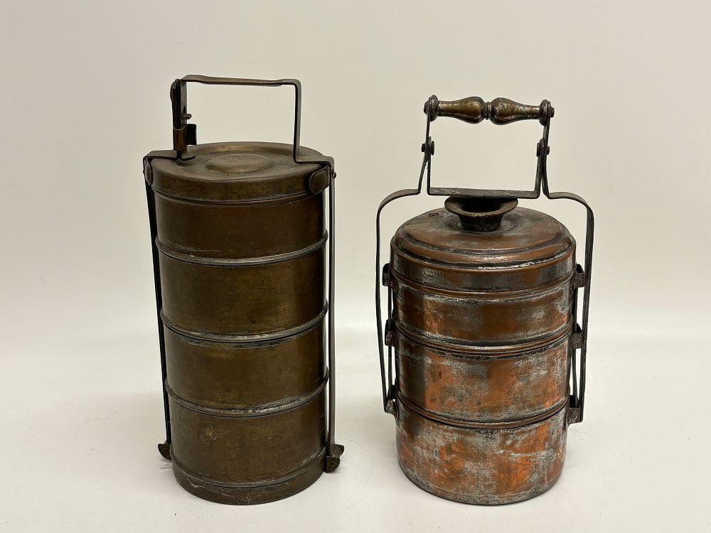 Lot 686: Two Indian Metal Stackable Tiffin Lunch Boxes