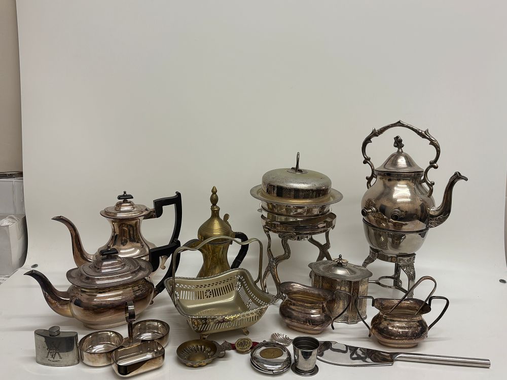 Lot 688: A Collection of Silver Plated and Metalware Serving Items Including Dalvey Sporran Cup