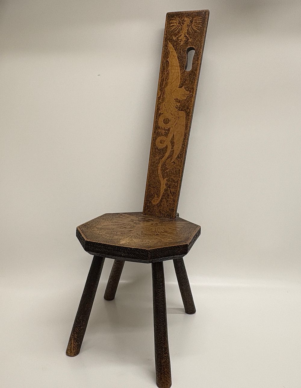 Lot 114: Antique Victorian Pyrography Decorated Oak Spinning Chair