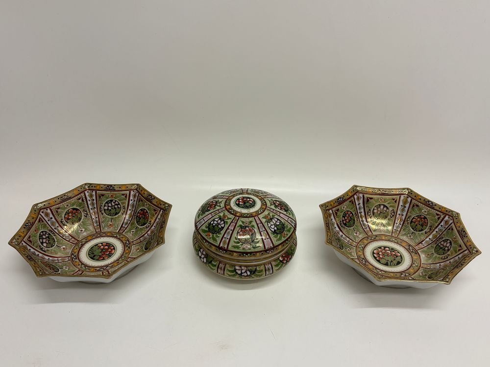 Lot 115: A Trio of Noritake Hand-Painted and Gilt Octagonal Bowls and Circular Lidded Box