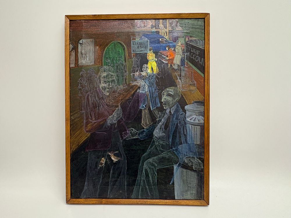 Lot 589: Mixed Media Street Scene with Figures and Sparrows 48x64cm
